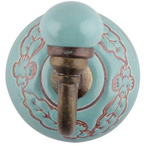 Indianshelf Handmade 1 Artistic Vintage Green Ceramic Leaf Etched Key Hooks Holders/Wall Hooks for Towels