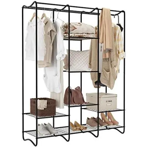 LANGRIA Large Free-Standing Closet Garment Rack Made of Sturdy Iron with Spacious Storage Space, 8 Shelves, Clothes Hanging Rods, Heavy Duty Clothes Organizer for Bedroom, Entryway (Black)