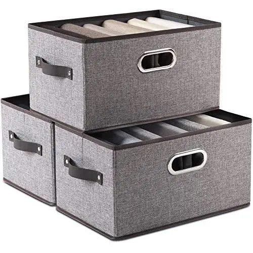 Prandom Large Foldable Storage Bins for Shelves [3-Pack] Decorative Linen Fabric Storage Baskets with Leather/Metal Handles for Closet Nursery Office Mixing of Grey Dark Brown (15x10x8.3 Inch)