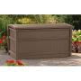 Suncast 50-Gallon Medium Deck Boxes - Lightweight Resin Indoor/Outdoor Storage Container and Seat for Patio Cushions and Gardening Tools - Store Items on Patio, Garage, Yard - Brown