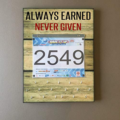 Race Medal Holder and Bib Hanger/Athletic Medal Hanger - ALWAYS EARNED NEVER GIVEN. Wood Wall Mounted Medal Organizer with Pocket to Display Race Bib. CUSTOMIZATION Available