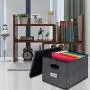 homyfort Collapsible File Storage Boxes Bins with Removable Lids,Portable Office Document Organizer,Decorative Boxes with Plastic Handles,Large Black with Grid Printing Set of 4