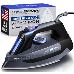 Professional Grade 1700W Steam Iron for Clothes with Rapid Even Heat Scratch Resistant Stainless Steel Sole Plate, True Position Axial Aligned Steam Holes, Self-Cleaning Function