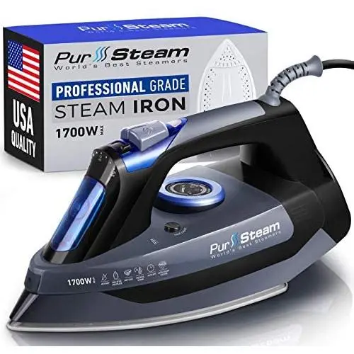 Professional Grade 1700W Steam Iron for Clothes with Rapid Even Heat Scratch Resistant Stainless Steel Sole Plate, True Position Axial Aligned Steam Holes, Self-Cleaning Function