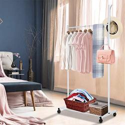 Liusin Portable Clothes Garment Rack On Wheels, Heavy Duty Iron Frame Clothing Rolling Stand Rack Hanging Closet Organizer with Bottom Shelf and Coat Hanger for Home Entryway Bedroom Balcony, White