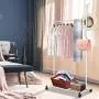 Liusin Portable Clothes Garment Rack On Wheels, Heavy Duty Iron Frame Clothing Rolling Stand Rack Hanging Closet Organizer with Bottom Shelf and Coat Hanger for Home Entryway Bedroom Balcony, White