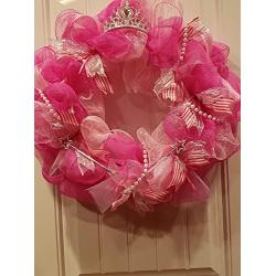 PINK PRINCESS DECO MESH WREATH WITH TIARA AND PEARLS - FREE SHIPPING - WREATH HANGER INCLUDED