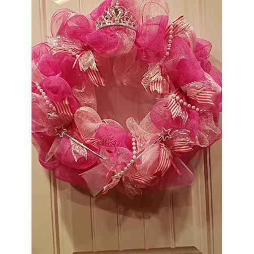 PINK PRINCESS DECO MESH WREATH WITH TIARA AND PEARLS - FREE SHIPPING - WREATH HANGER INCLUDED