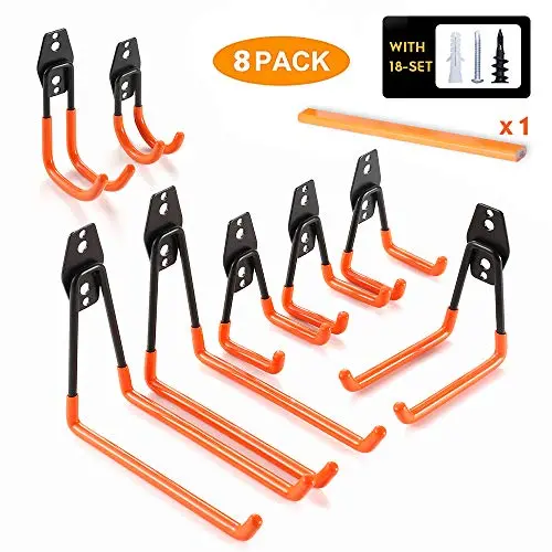 Chasstoo Garage Storage Hooks and Hangers, Heavy Duty Ladder Hooks, Tool Hangers for Shed Garage Wall, Utility Hanging Hooks for Garden, Bike and Bulky Items with a Carpenter Pencil (8-Pack)