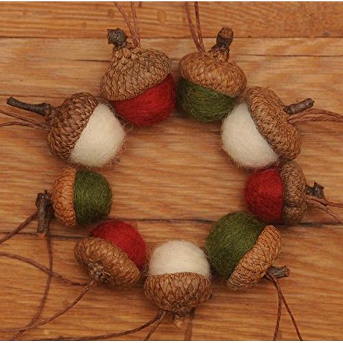 Felted Wool Acorns Ornaments in Christmas Red Green & White, also available without hangers