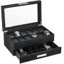 Glenor Co Watch Boxes with Valet Drawer for Men - 12 Slot Luxury Watch Case Display Organizer, Carbon Fiber Design - Metal Buckle for Mens Jewelry Watches, Mens Storage Boxes Holder has Large Glass Top