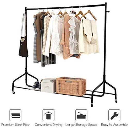 Cocoarm Clothing Garment Rack Heavy Duty Single Metal Rolling Clothes Stand with Bag Hat Hook and Lower Storage Shelf for Boxes Shoes Boots Free Standing Clothes Hanger Rack, Large Capacity, Black