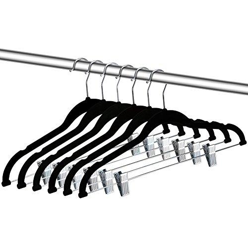 ZOYER Velvet Clothes Hangers with Clips (12 Pack) Velvet Skirt Hangers - Non-Slip Pant Hangers (Black)