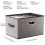 Prandom Large Foldable Storage Bins for Shelves [3-Pack] Decorative Linen Fabric Storage Baskets with Leather/Metal Handles for Closet Nursery Office Mixing of Grey Dark Brown(17.3x11.8x10.4 Inch)