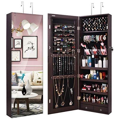 TomCare Jewelry Organizer Jewelry Cabinet Wall Door Mounted Jewelry Armoire Lockable with 2 Drawers Jewelry Boxes Frameless Mirror Earring Organizer Thickened Hanging Wall Mirror Jewelry Storage Vintage