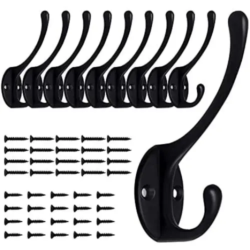 10 Pack Matte Black Coat Hooks Heavy Duty Dual Coat Hooks Wall Mounted Utility Black Not Rust Hooks for Coat, Robe, Scarf, Bag, Towel, Key, Cap, Mug Cup, Hat and More, Include 40 Pieces Screws (Black)