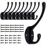 10 Pack Matte Black Coat Hooks Heavy Duty Dual Coat Hooks Wall Mounted Utility Black Not Rust Hooks for Coat, Robe, Scarf, Bag, Towel, Key, Cap, Mug Cup, Hat and More, Include 40 Pieces Screws (Black)