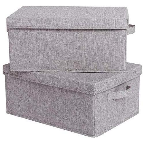 CAMEL CROWN Set of 2 Foldable Storage Boxes with Lids and Handles Large Storage Bins Cubes Containers Baskets with Removable Dividers for Home Closet Office Car Boot Clothes Files Books Warm Grey