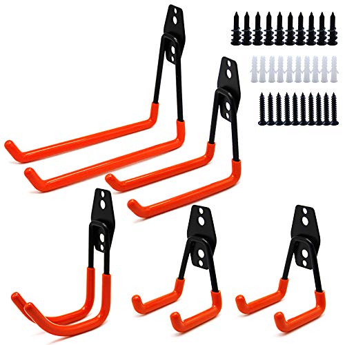 Mygogo Utility Hooks Garage Storage Hooks,Heavy Duty Iron and PVC U Hooks, Wall Mount Tool Holder Hanger Organizer for Ladder Shovels Pack of 5