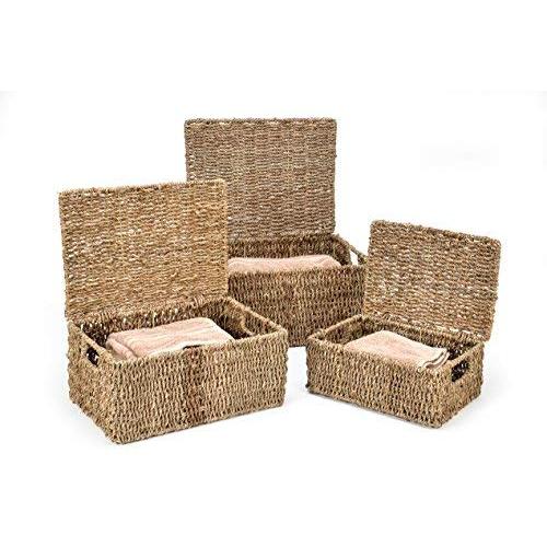 Trademark Innovations Rectangular Seagrass Baskets Lids (Set of 3), Brown
