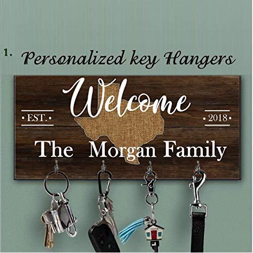 Home With City And State Color Key Holder for wall, Personalized brown family key hanger, Custom last name key hanger, Personalized Wall Mount Key Rack, Housewarming Gift, State home key hanger