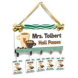 Personalized Teacher Green Coffee Theme Hall Passes Set with Hanger, School Locations Badges