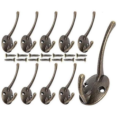 Misszone 10 PCS Dual Coat Hook Single Bronze Wall Mounted Robe Hat Clothes Towel Hanger for Bathroom Kitchen Bedroom (Bronze)
