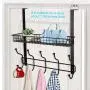 KEIMIX Coat Rack, Over The Door Hanger with Mesh Basket, Detachable Storage Shelf for Towels, Hats, Handbags, Coats (Black)