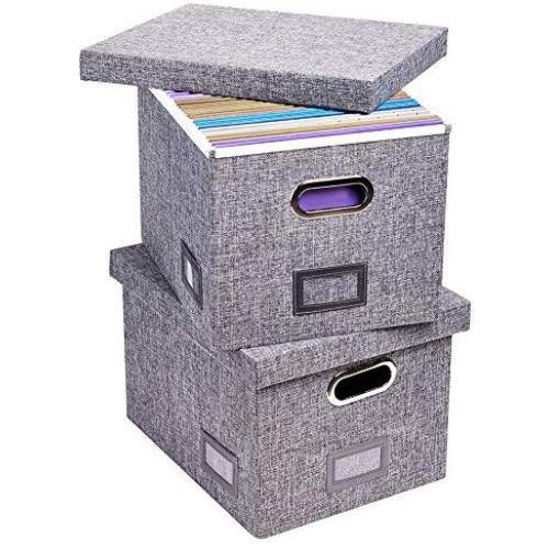 Superjare Updated File Boxes for Hanging Files, Set of 2, Storage Office Boxes with 60 lbs Weight Capacity, Durable MDF Board & Linen Fabric, File Storage Organizer for Letter/Legal - Grey