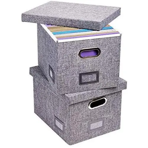 Superjare Updated File Boxes for Hanging Files, Set of 2, Storage Office Boxes with 60 lbs Weight Capacity, Durable MDF Board & Linen Fabric, File Storage Organizer for Letter/Legal - Grey