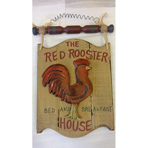 &quotThe Red Rooster Bed and Breakfast House" Wooden Plaque with wire hanger and red and green wooden toggle connected with rope. Country Cabin decor w/ wooden red rooster measures 12 1/2x8 1/4