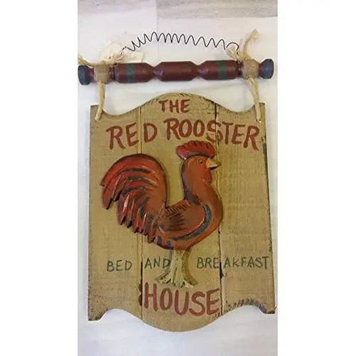 &quotThe Red Rooster Bed and Breakfast House&quot Wooden Plaque with wire hanger and red and green wooden toggle connected with rope. Country Cabin decor w/ wooden red rooster measures 12 1/2x8 1/4