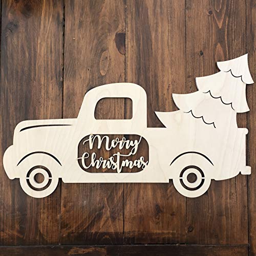 Unfinished Merry Christmas Tree Truck Door Sign - Holiday Door Hanger - Christmas Tree Truck Door Hanger - Merry Christmas Door Hanger Truck