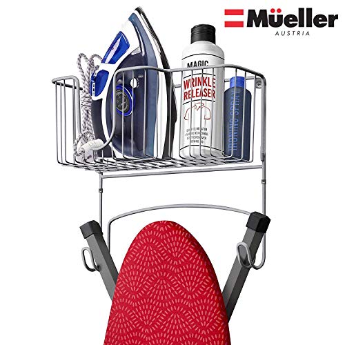 Mueller Ironing Board Hanger Wall Mount with Large Storage Basket and Hooks. Organizer for Laundry Rooms, Heat - Resistant, Holds Iron, Ironing Board and Spray Bottles