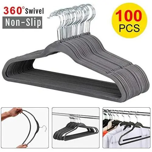 Yaheetech Thin Non Slip Velvet Clothes Hangers,Strong and Durable Hold Up to 10 Lbs- Pack of 100,Gray