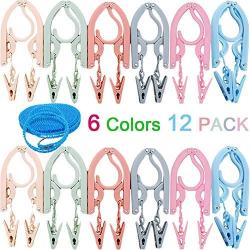 Travel Hangers with Clips Portable Folding Clothes Hangers with 1 pcs Clothesline 12 pcs with 24 pcs Hanger Clips for Scarves Suits Trousers Pants Shirts Socks Underwear Travel Home Foldable Clothes