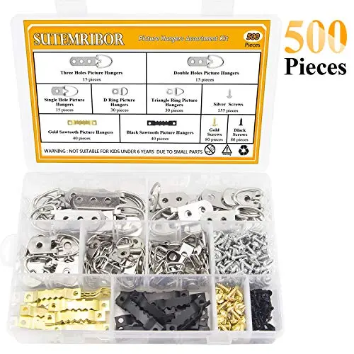 Picture Hanging Kit 500 PCS, Sutemribor Heavy Duty Assorted Picture Hangers with Screws for Picture Hanging Wall Mounting (500) Picture Hanging Kit 500 PCS, Sutemribor Heavy Duty Assorted Picture Hangers with Screws for Picture Hanging Wall Mounting (500)
