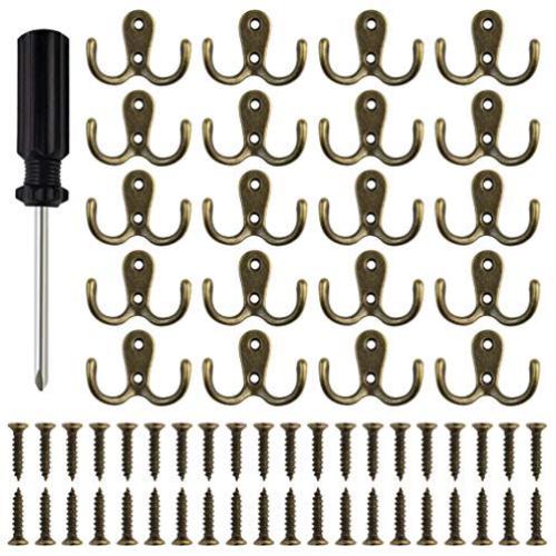 HOVEOX 20 Pcs Double Prong Robe Hook Retro Towel Cloth Hanger Wall Hat Jewelry Hooks Rustproof Rustic Hooks Utility Hooks with 40 Pcs Screws and a Screwdriver (Bronze)