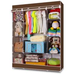 Clothes Closet Clothes Wardrobe Portable, Non-Woven Fabric Cloth Storage Wardrobe, Clothes Organizer Shelf Clothing Cabinet with Hangers, 4 Tiers and 10 Compartments, Brown