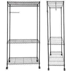 Bonnlo Sturdy Rolling Shelving Garment Rack with 1 Hanger 3 Adjustable Shelves 1 Side Hanger Clothes Rack for Closet Organizer Movable Wardrobe 35.4" L x 17.7" W x 71&quotH - Black