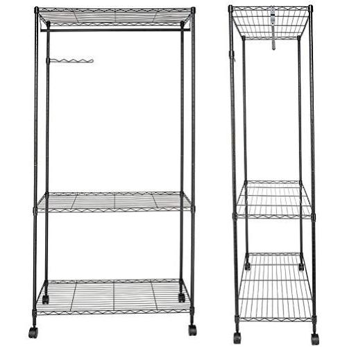 Bonnlo Sturdy Rolling Shelving Garment Rack with 1 Hanger 3 Adjustable Shelves 1 Side Hanger Clothes Rack for Closet Organizer Movable Wardrobe 35.4" L x 17.7" W x 71&quotH - Black