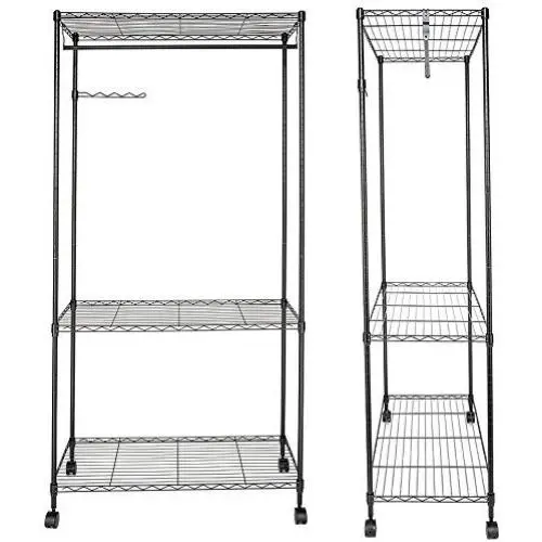 Bonnlo Sturdy Rolling Shelving Garment Rack with 1 Hanger 3 Adjustable Shelves 1 Side Hanger Clothes Rack for Closet Organizer Movable Wardrobe 35.4" L x 17.7" W x 71&quotH - Black