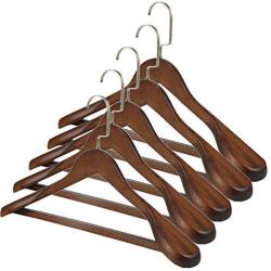 TRIXES 5PC Wooden Hangers ?Clothes Suits Coat Hangers ? Stylish Dark Oak ? Non-Slip ? with Trouser Bar ? Wide Shoulder ? Swivel Hook - Color Brown -45cm