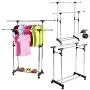 Heavy Duty Double Adjustable Portable Clothes Hanger Rolling Garment Rack Rail