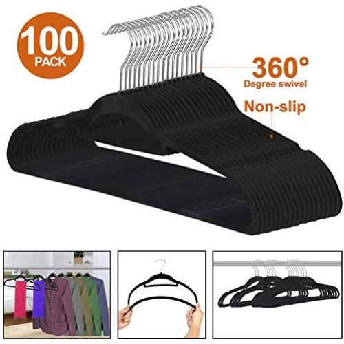 ZENY Premium Velvet Suit Hangers 100 Pack Non Slip Black Clothes Hanger Hook 360 Swivel Ultra Thin