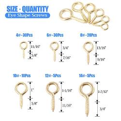 Glarks 100-Pieces 6 Size Brass Plated Lag Eyebolts Screw-in Eye Shape Screw Hooks Hanging Hooks Assortment Set