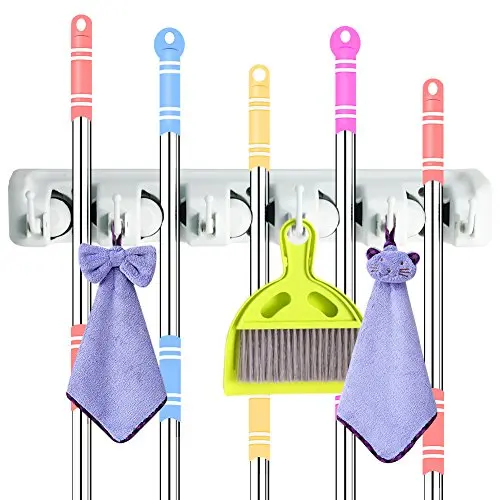 DiGiCare Broom Holder, Wall Mount Mop Holder Broom Hanger Organizer with 5 Ball Slots and 6 Hooks, Holds Up to 11 Tools for Kitchen, Bathroom, Garage DiGiCare Broom Holder, Wall Mount Mop Holder Broom Hanger Organizer with 5 Ball Slots and 6 Hooks, Holds Up to 11 Tools for Kitchen, Bathroom, Garage