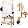 SONGMICS Clothes Rack on Wheels, Rolling Garment Rack with 2-Tier Storage Shelves, Hall Tree with 4 Coat Hooks for Shoes, Clothing, Bamboo URCR52N