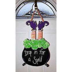 Drop In for A Spell Witch Feet Caldron Wooden Door Hanger SIgn