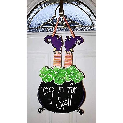 Drop In for A Spell Witch Feet Caldron Wooden Door Hanger SIgn